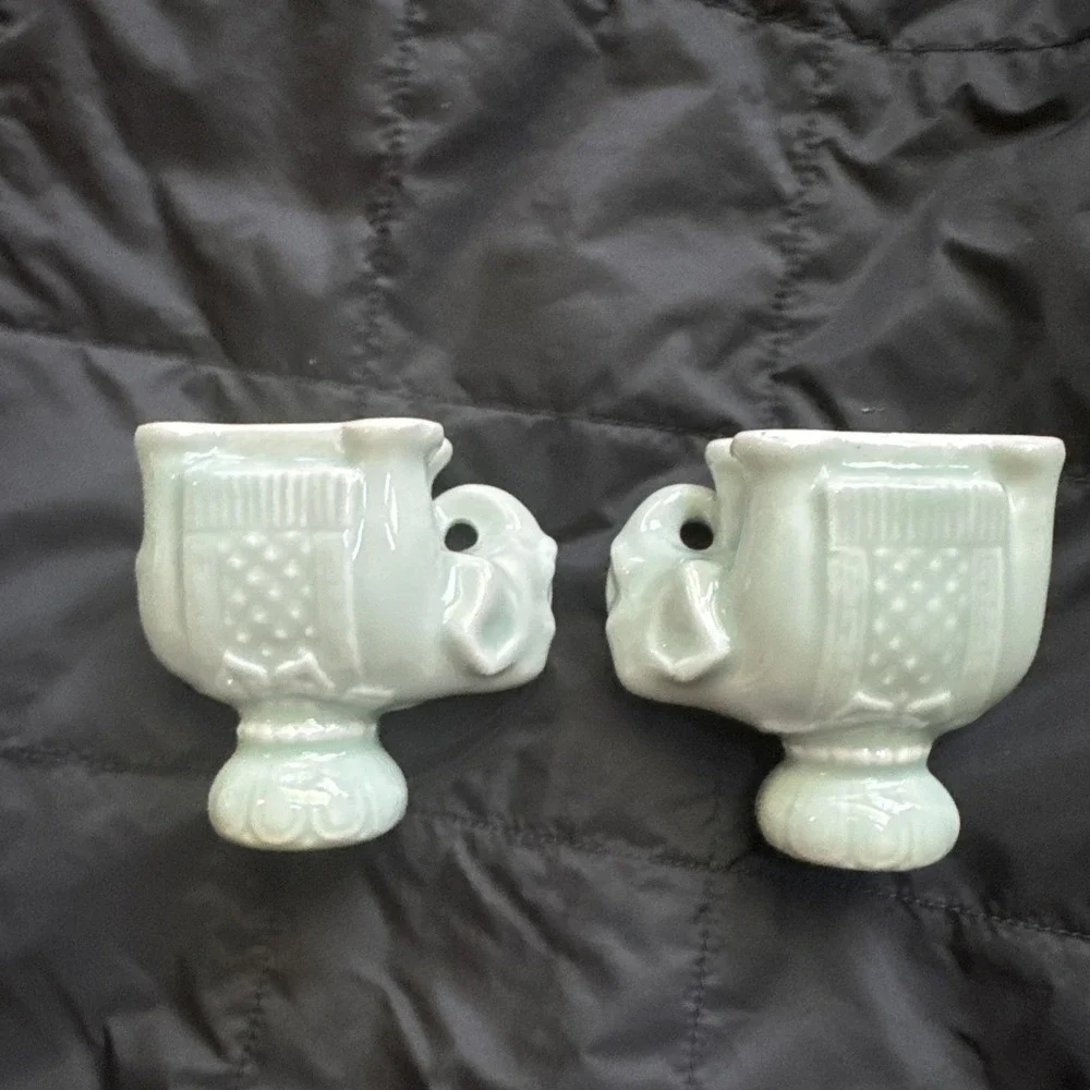 Chinese Elephant Candle‎ Holders Celadon Glaze Pottery Set Of 2 Vintage MCM Aqua